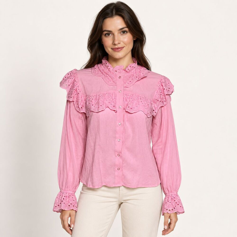 The Shirt Rochelle Behrens Pink Eyelet Ruffle Button Blouse Cotton Size Small